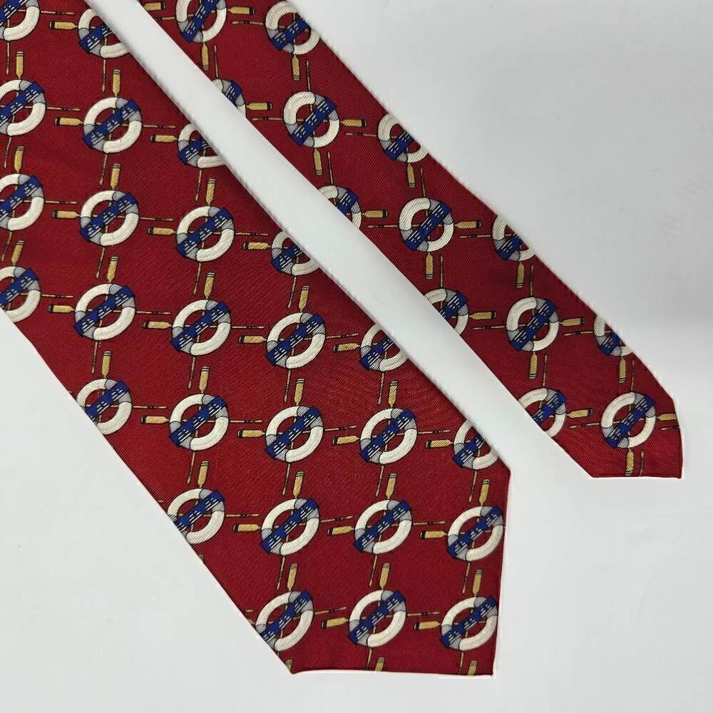 IKE BEHAR NEW YORK SILK TIE RED BLUE WHITE NAUTICAL LIFE PRESERVER 3.75" X 58"